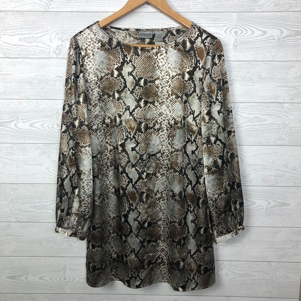 Chico's Women's Size 1/Medium Satin Snakeskin Print Long Sleeve Tunic Shirt
